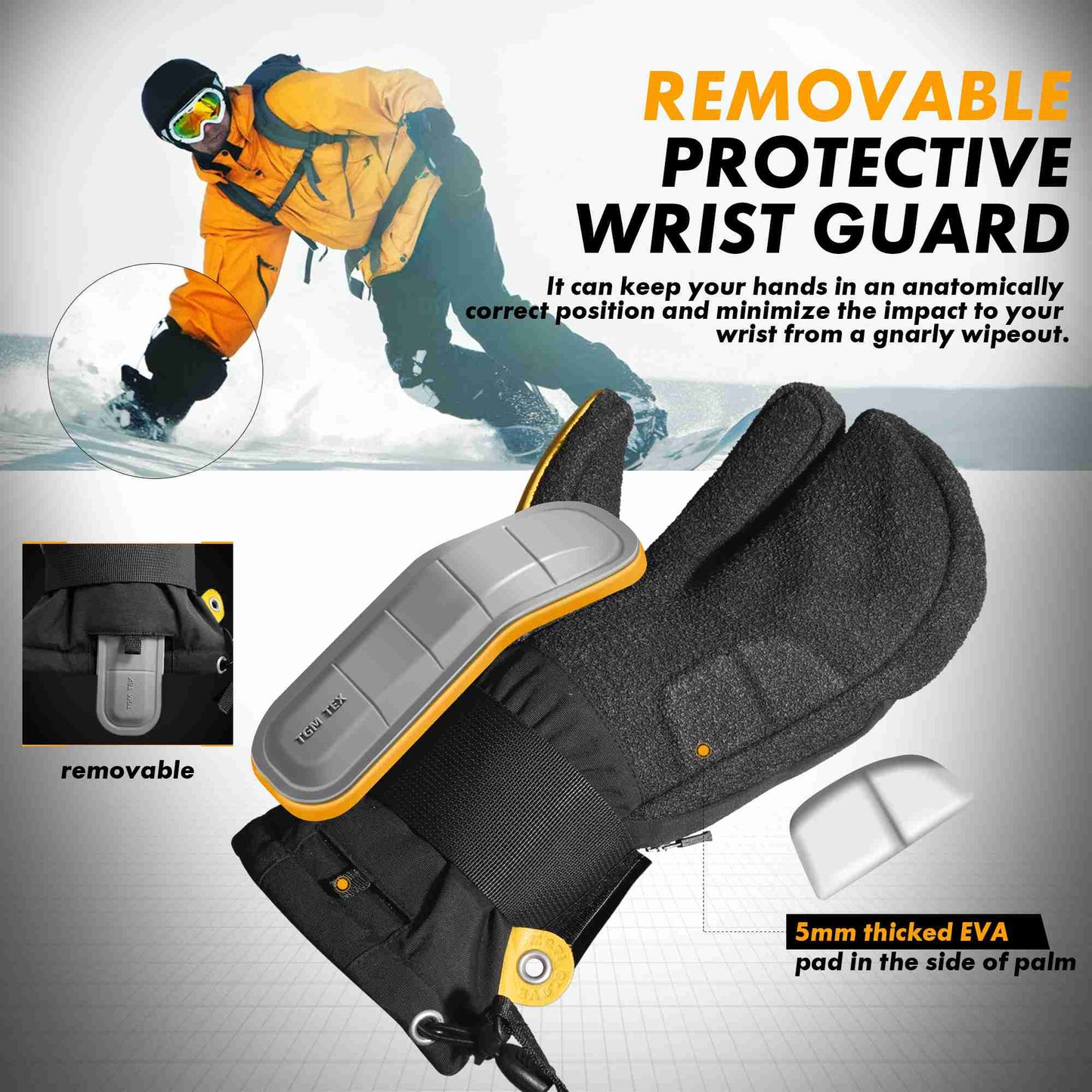 MCTi Snowboard Gloves with Wrist Guard 3-Finger Kevlar Gloves Waterproof for Winter Snow Skiing EXSKI