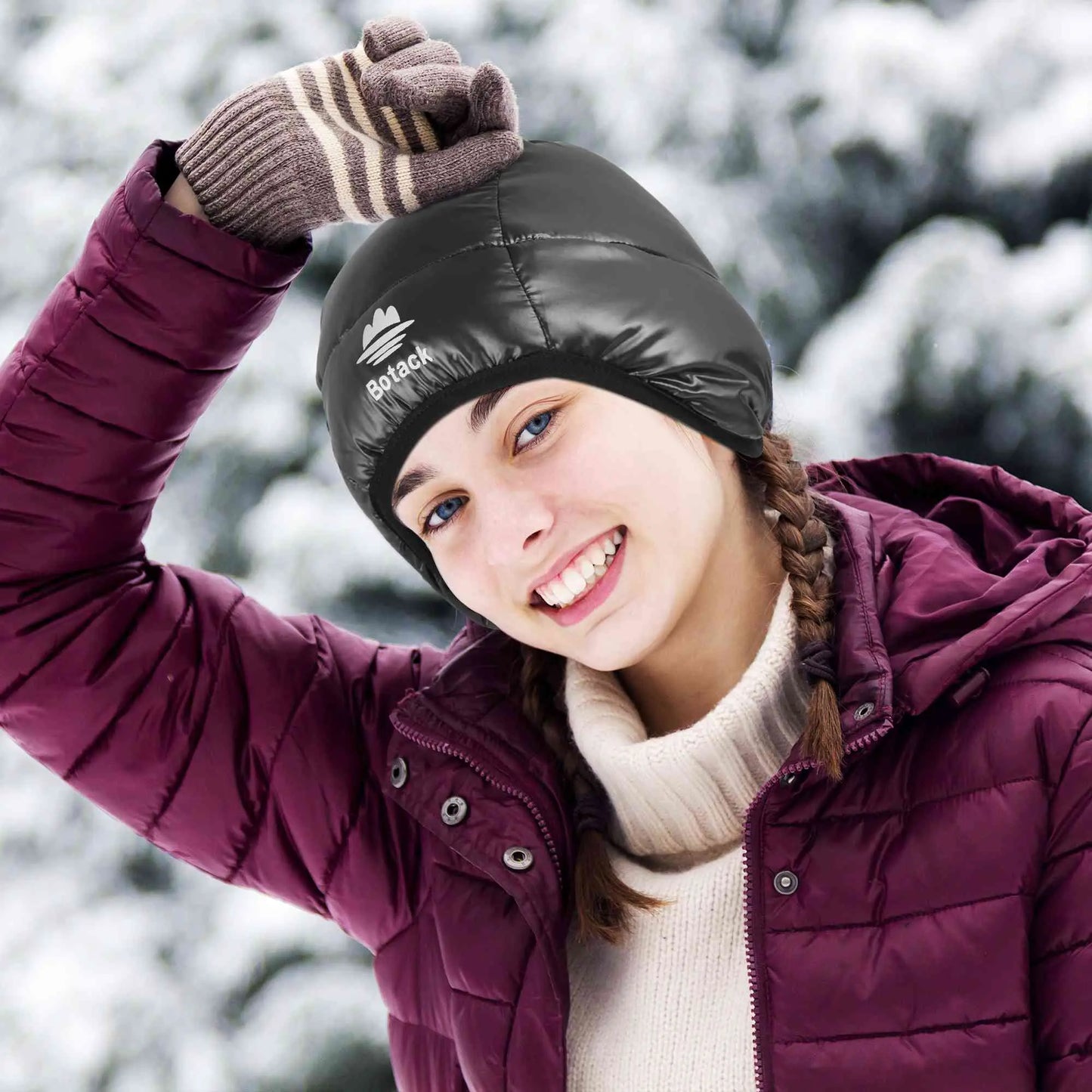 Botack Down Filled Earflap Hat Ultralight Waterproof Windproof Down Fleece Cap Warm Beanie for Skiing Botack