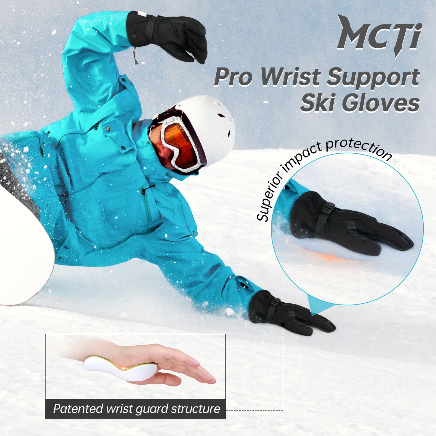 MCTi Pro Wrist Support Ski Gloves for Men, Winter Snowboard Gloves with Wrist Guard, Waterproof, 3M Thinsulate Warm, High Abrasion Resistance