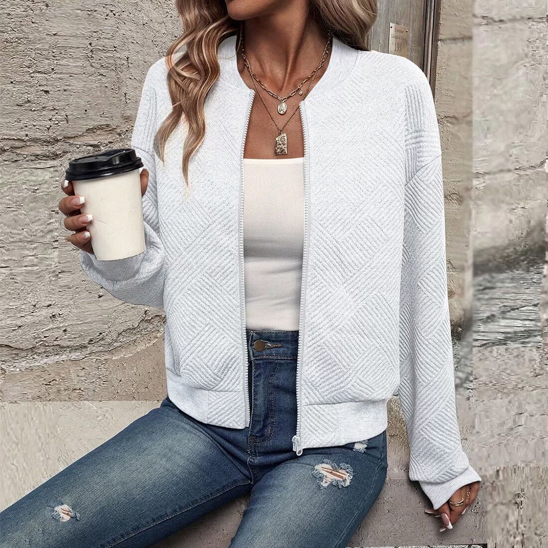 kineed Women's Cropped Bomber Jacket Textured Lightweight Zip Up Fall Fashion Outerwear Long Sleeve Casual Jacket KINEED