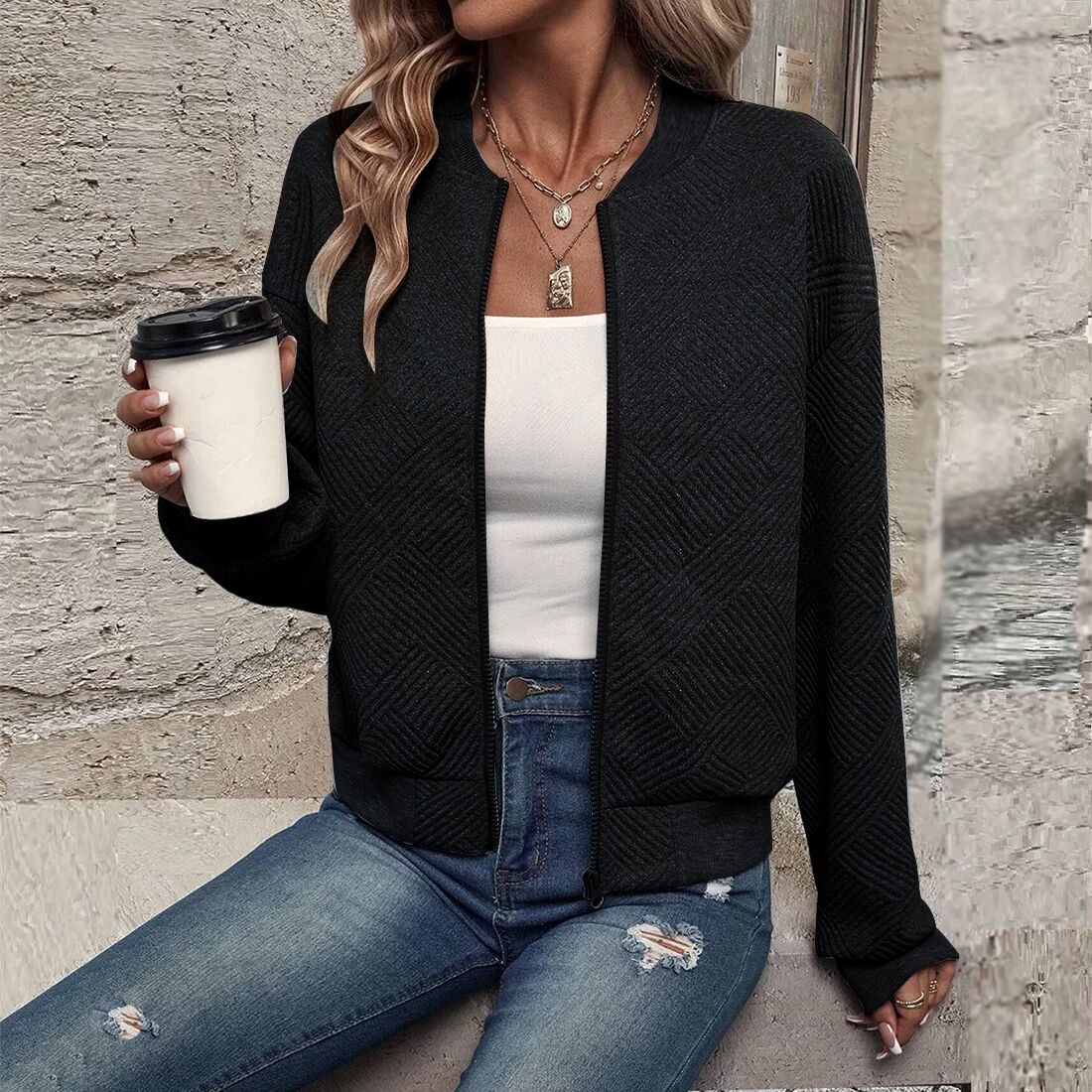 kineed Women's Cropped Bomber Jacket Textured Lightweight Zip Up Fall Fashion Outerwear Long Sleeve Casual Jacket KINEED