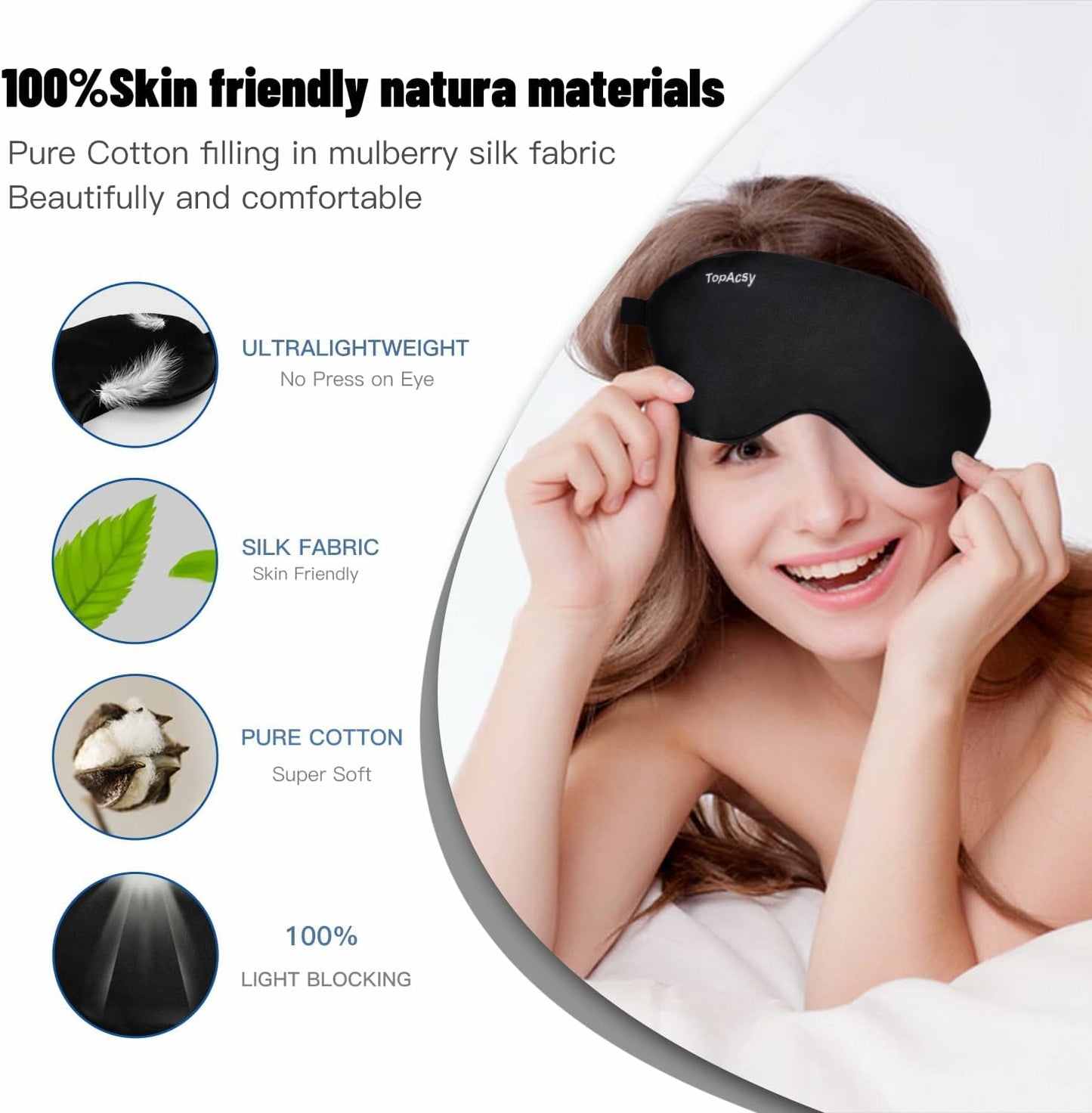 Topacsy Sleep Mask, Silk Eye Mask for Sleeping with Adjustable Strap, Satin Blackout Sleeping Eye Mask for Men&Women, Comfortable Blindfold Eyeshade for Night Sleep(Black) Topacsy