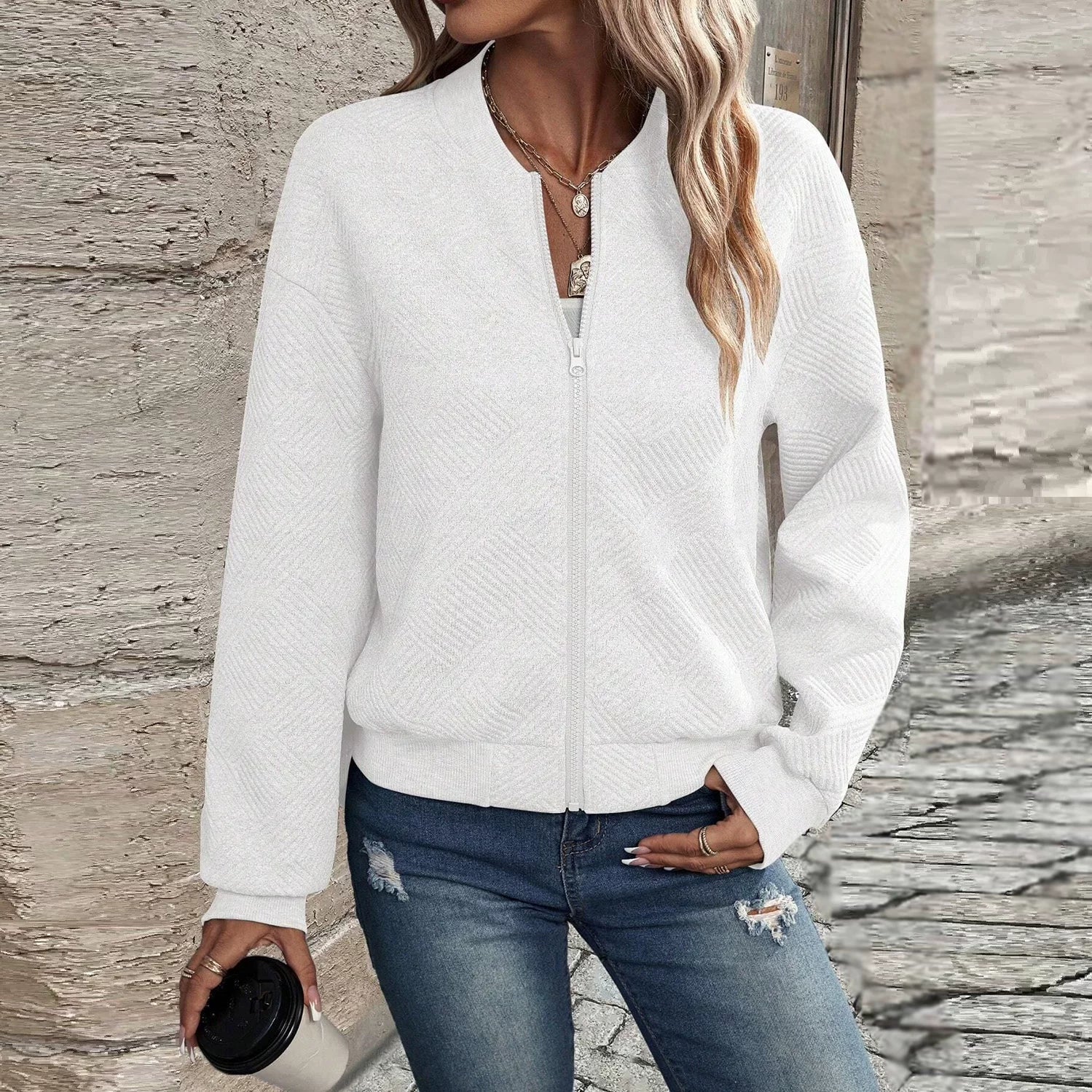 kineed Women's Cropped Bomber Jacket Textured Lightweight Zip Up Fall Fashion Outerwear Long Sleeve Casual Jacket KINEED