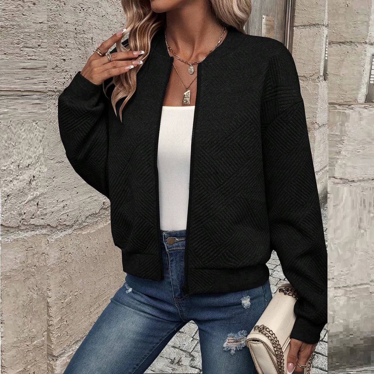 kineed Women's Cropped Bomber Jacket Textured Lightweight Zip Up Fall Fashion Outerwear Long Sleeve Casual Jacket KINEED