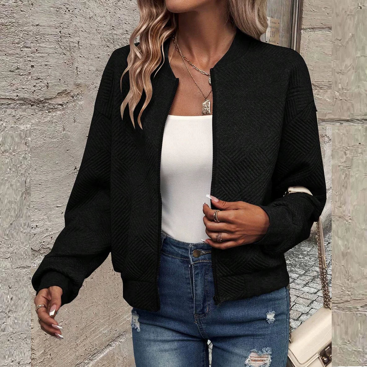 kineed Women's Cropped Bomber Jacket Textured Lightweight Zip Up Fall Fashion Outerwear Long Sleeve Casual Jacket KINEED
