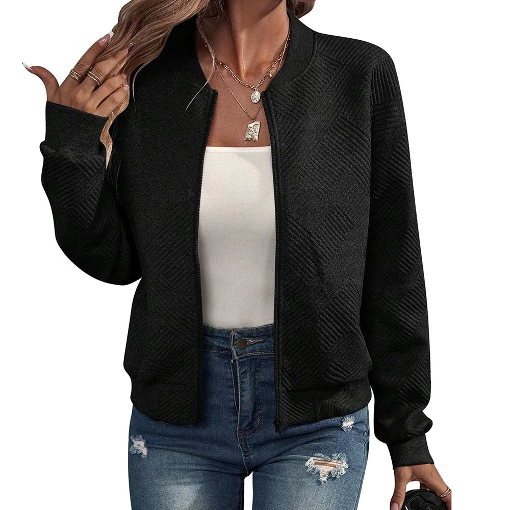 kineed Women's Cropped Bomber Jacket Textured Lightweight Zip Up Fall Fashion Outerwear Long Sleeve Casual Jacket KINEED