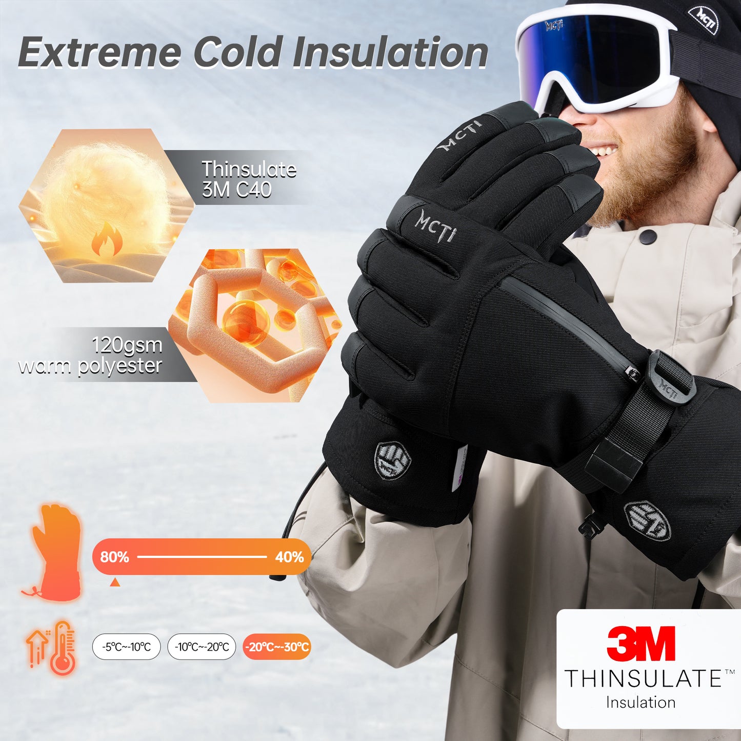 MCTi Pro Wrist Support Ski Gloves for Men, Winter Snowboard Gloves with Wrist Guard, Waterproof, 3M Thinsulate Warm, High Abrasion Resistance