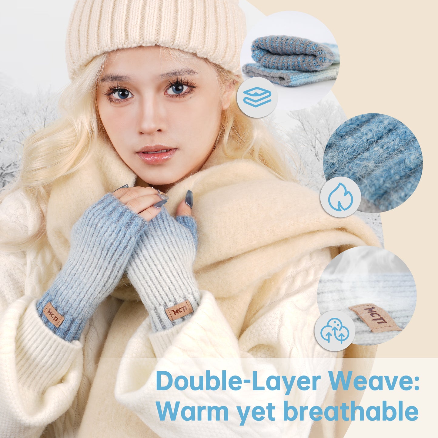 MCTi Winter Gloves for Women, Fingerless Mittens Knitted, Typing Gloves with Long Wrist Cuff, Warm for Cold Weather