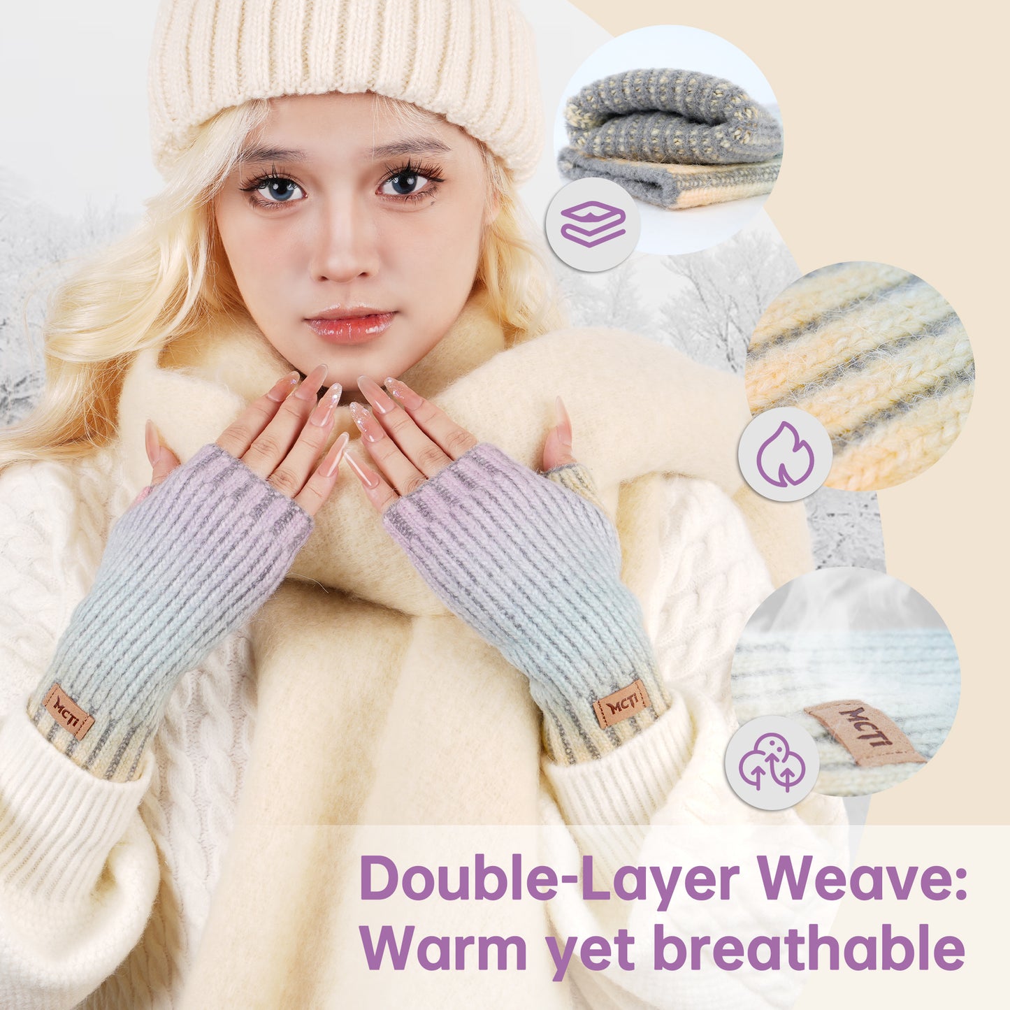 MCTi Winter Gloves for Women, Fingerless Mittens Knitted, Typing Gloves with Long Wrist Cuff, Warm for Cold Weather