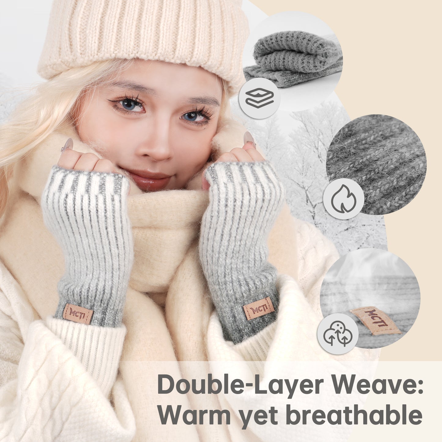 MCTi Winter Gloves for Women, Fingerless Mittens Knitted, Typing Gloves with Long Wrist Cuff, Warm for Cold Weather