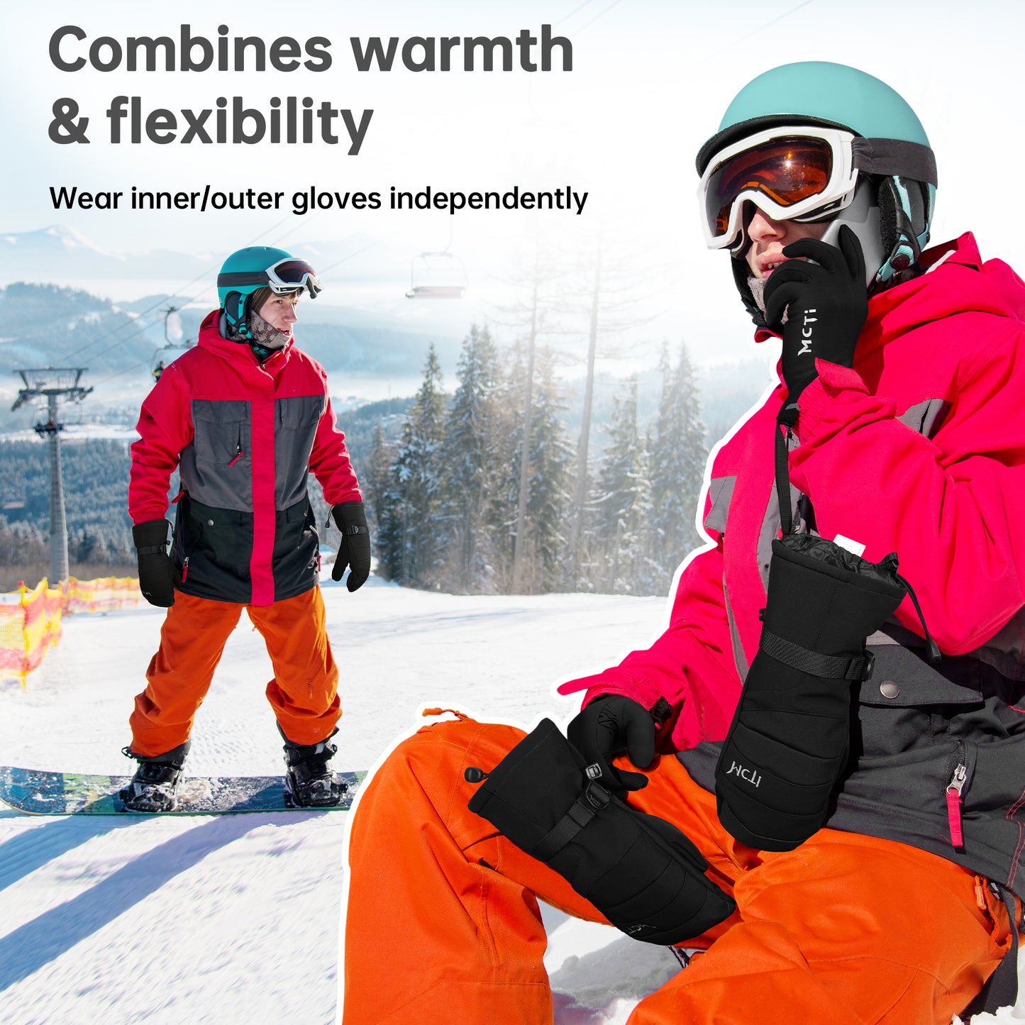 MCTi 2-in-1 Ski Gloves and Fleece Liners - 2 Pairs