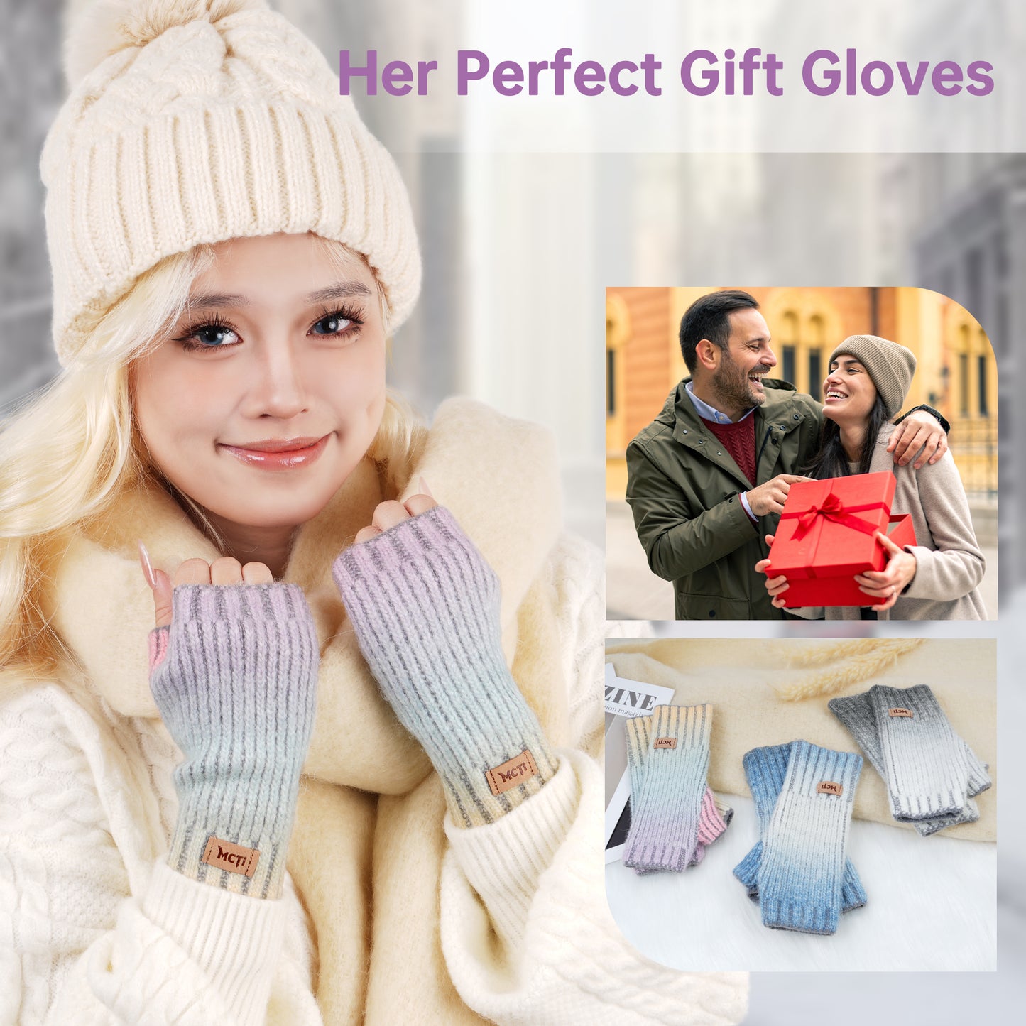 MCTi Winter Gloves for Women, Fingerless Mittens Knitted, Typing Gloves with Long Wrist Cuff, Warm for Cold Weather