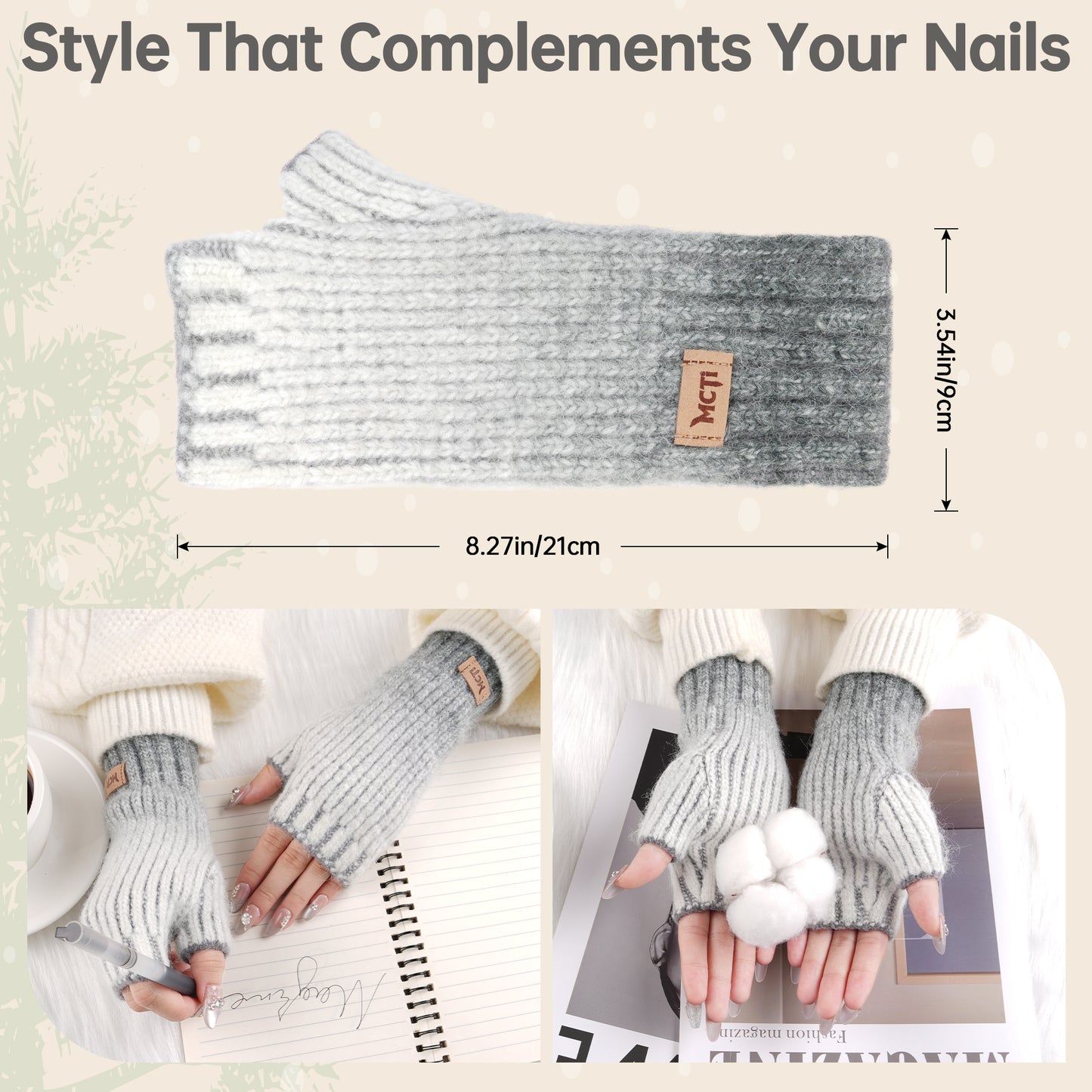 MCTi Winter Gloves for Women, Fingerless Mittens Knitted, Typing Gloves with Long Wrist Cuff, Warm for Cold Weather