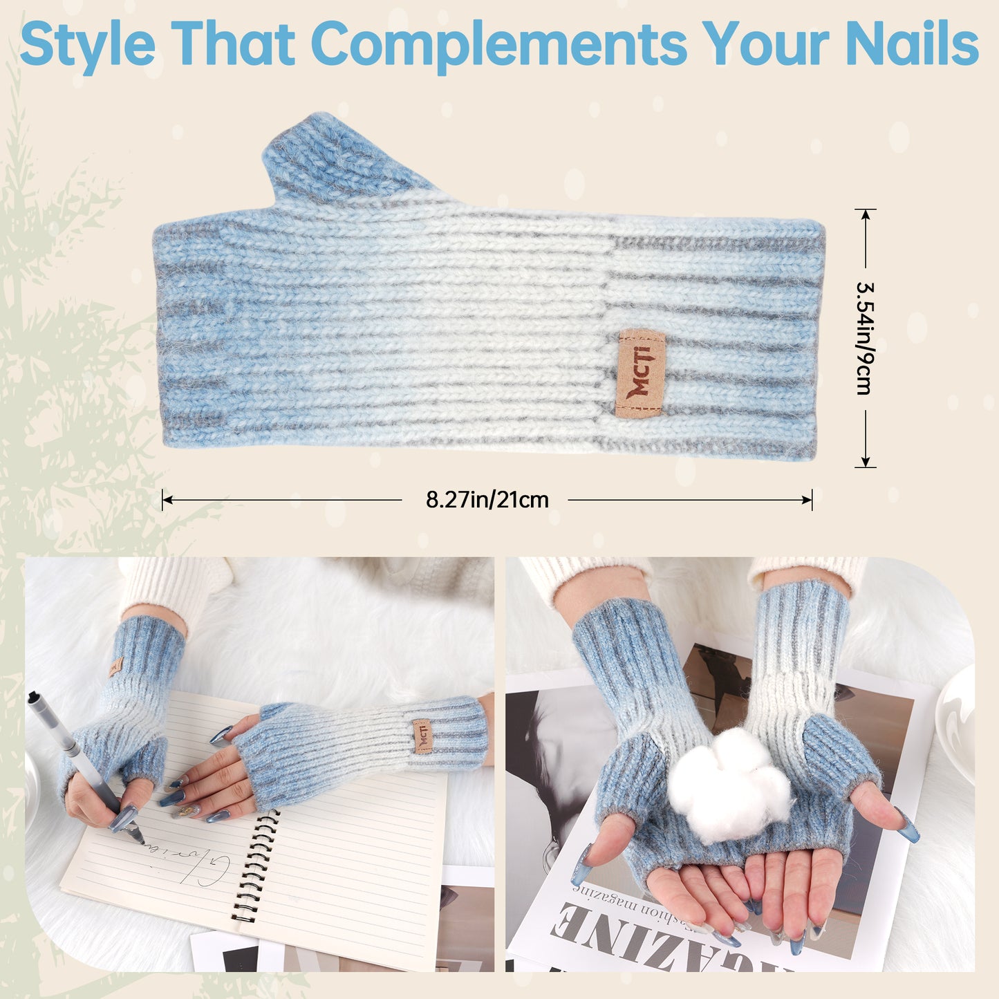 MCTi Winter Gloves for Women, Fingerless Mittens Knitted, Typing Gloves with Long Wrist Cuff, Warm for Cold Weather