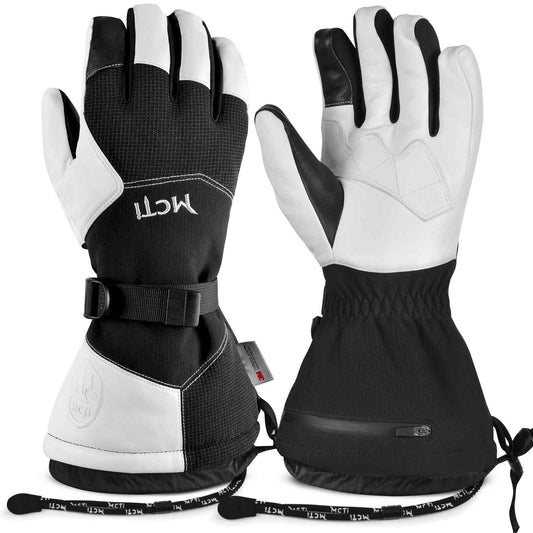 MCTi Goatskin Leather Ski Gloves Men's Waterproof Touch Screen Long Gauntlet for Snowboarding Mountaineering EXSKI