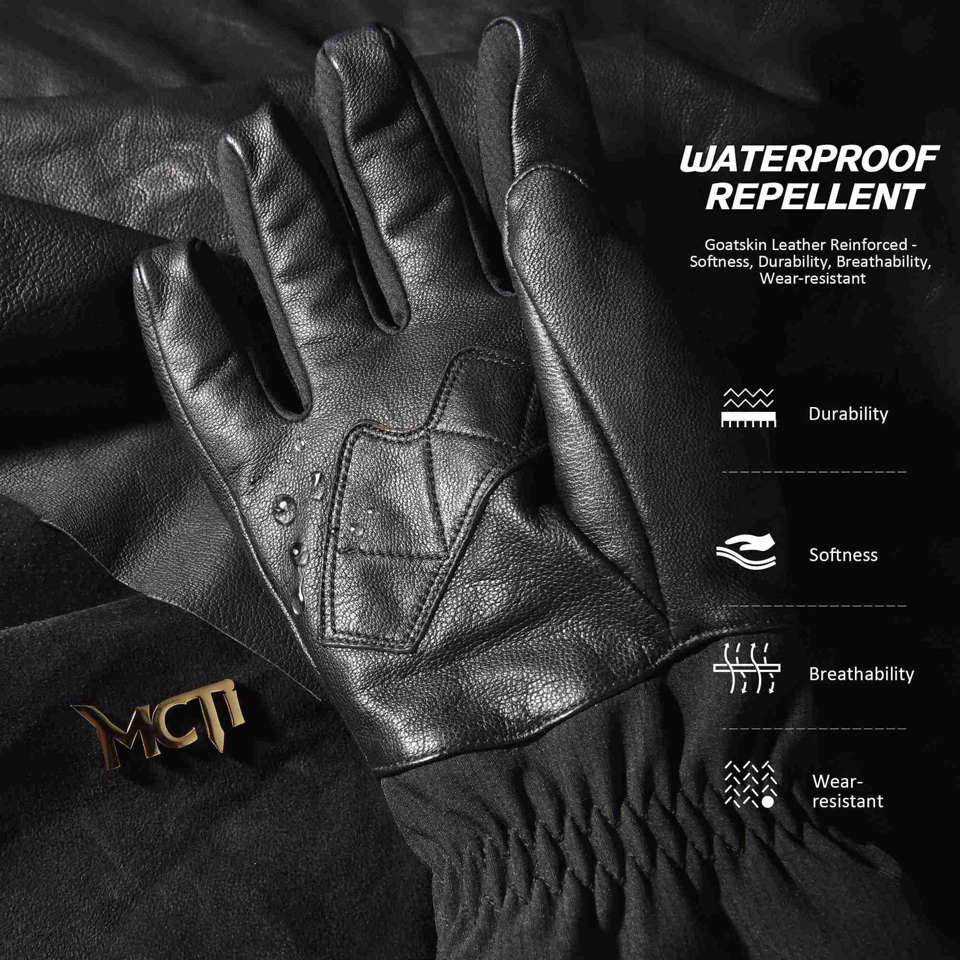 MCTi Goatskin Leather Ski Gloves Men's Waterproof Touch Screen Long Gauntlet for Snowboarding Mountaineering EXSKI
