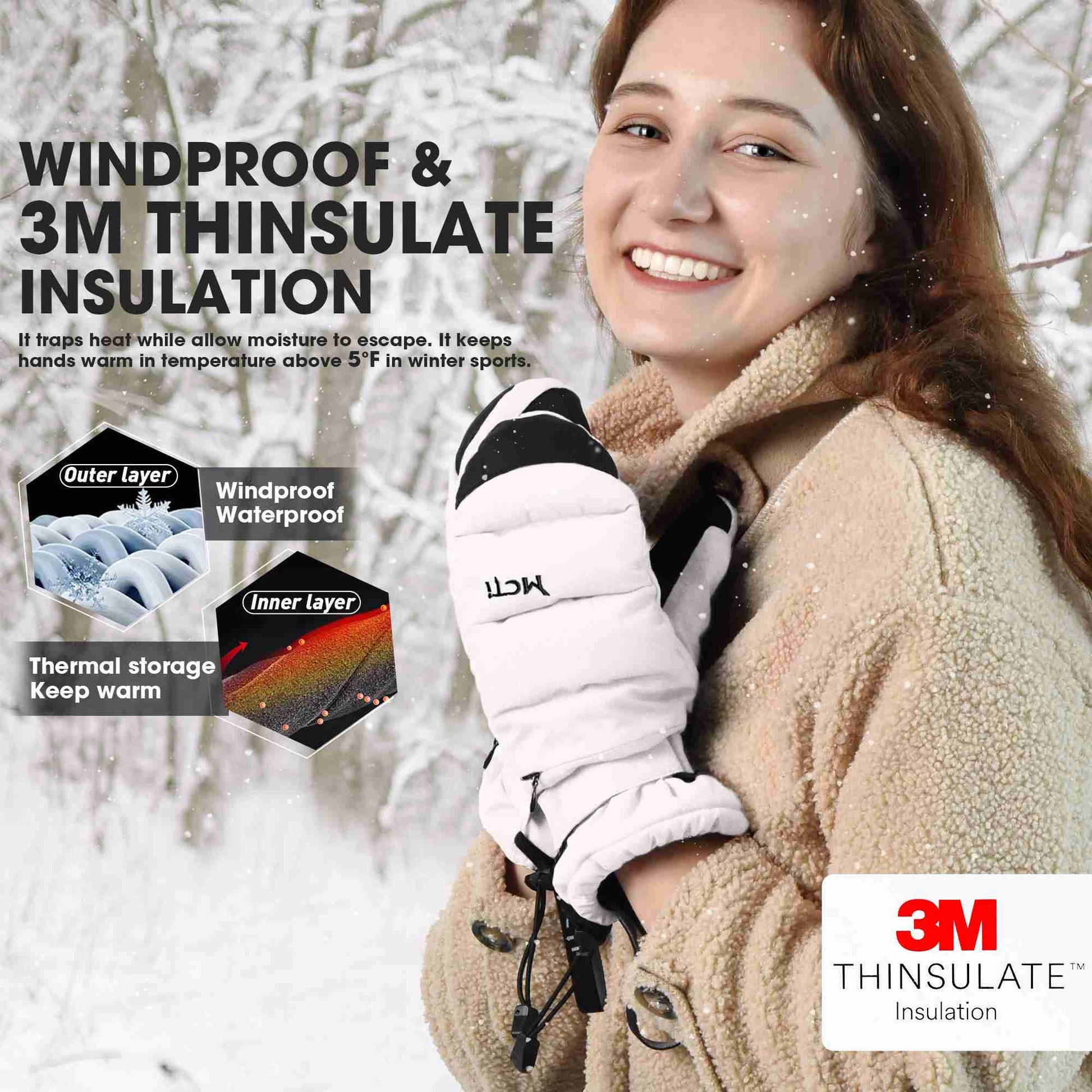 MCTi Ski Mittens Women's Snow Mitten Touch Screen Waterproof Insulated Quilted Mitts with Hidden Zipper MCTi