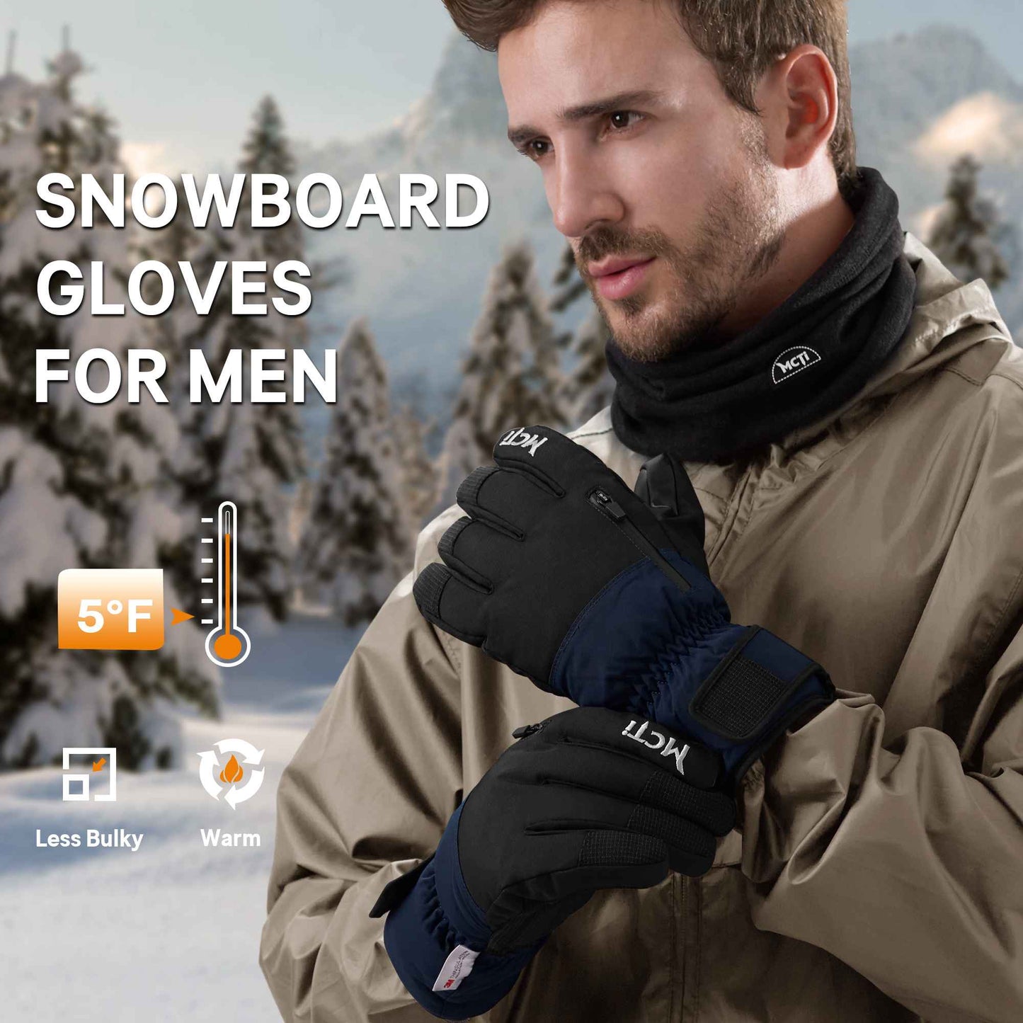 MCTi Winter Gloves Men's Waterproof Insulated Snow Gloves for Cold Weather with Abrasion Resistant Palm MCTi