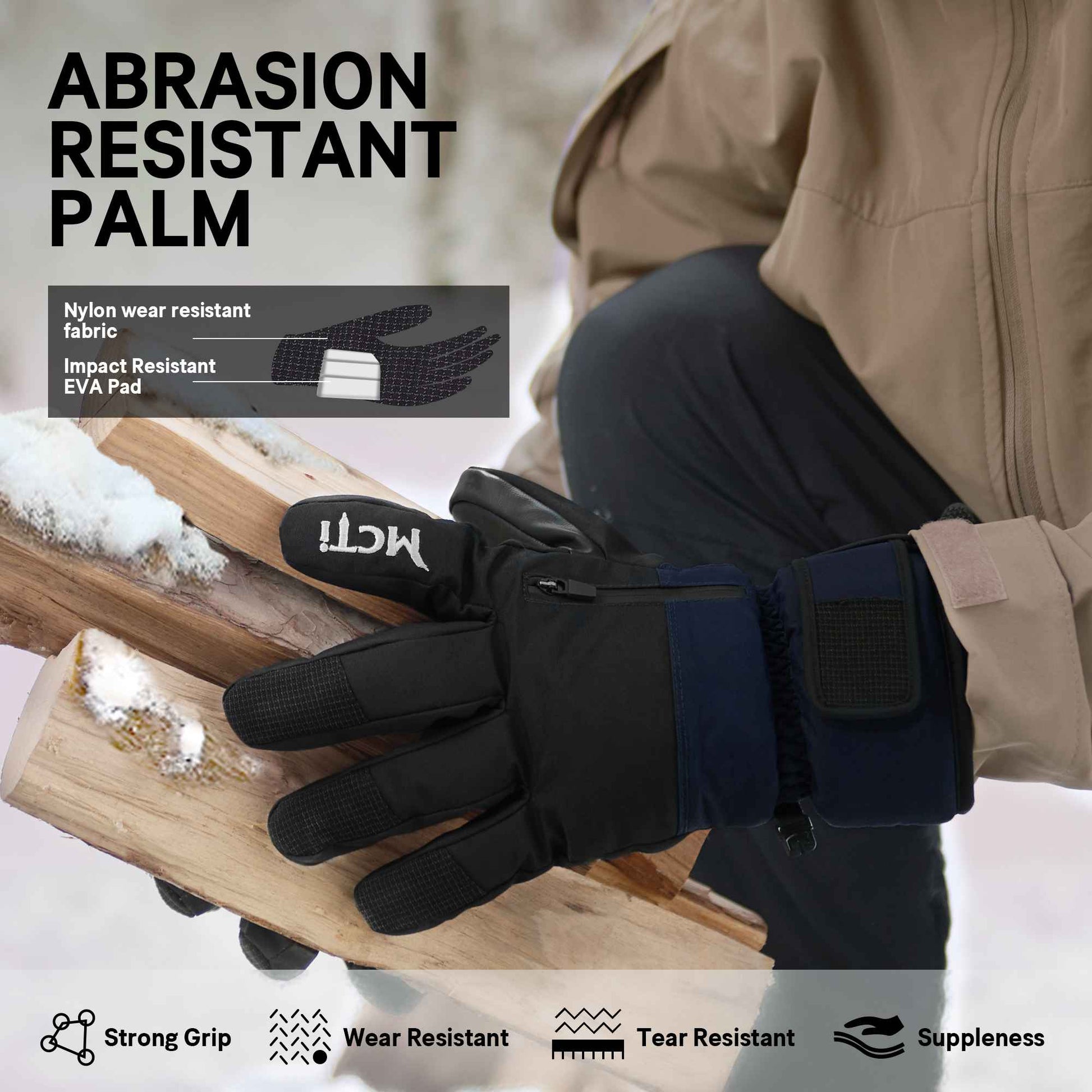 MCTi Winter Gloves Men's Waterproof Insulated Snow Gloves for Cold Weather with Abrasion Resistant Palm MCTi