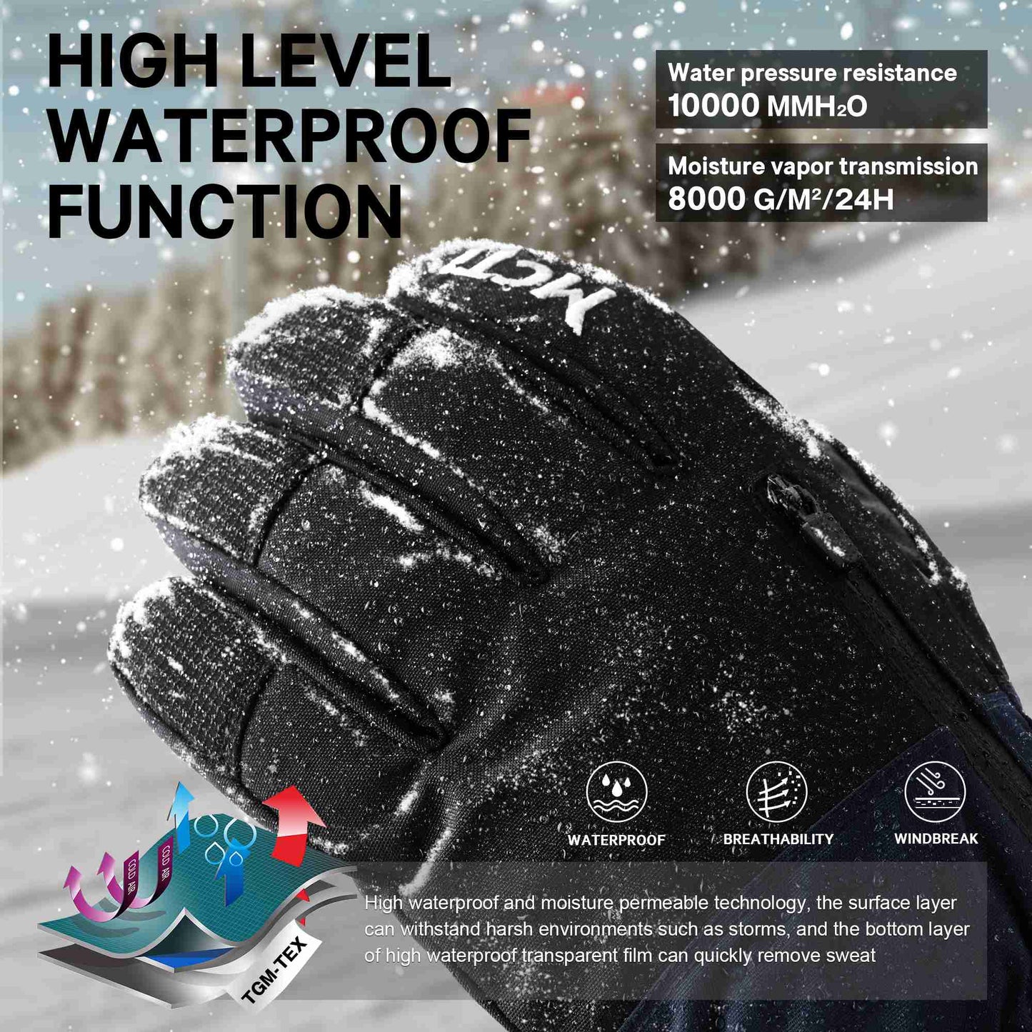 MCTi Winter Gloves Men's Waterproof Insulated Snow Gloves for Cold Weather with Abrasion Resistant Palm MCTi