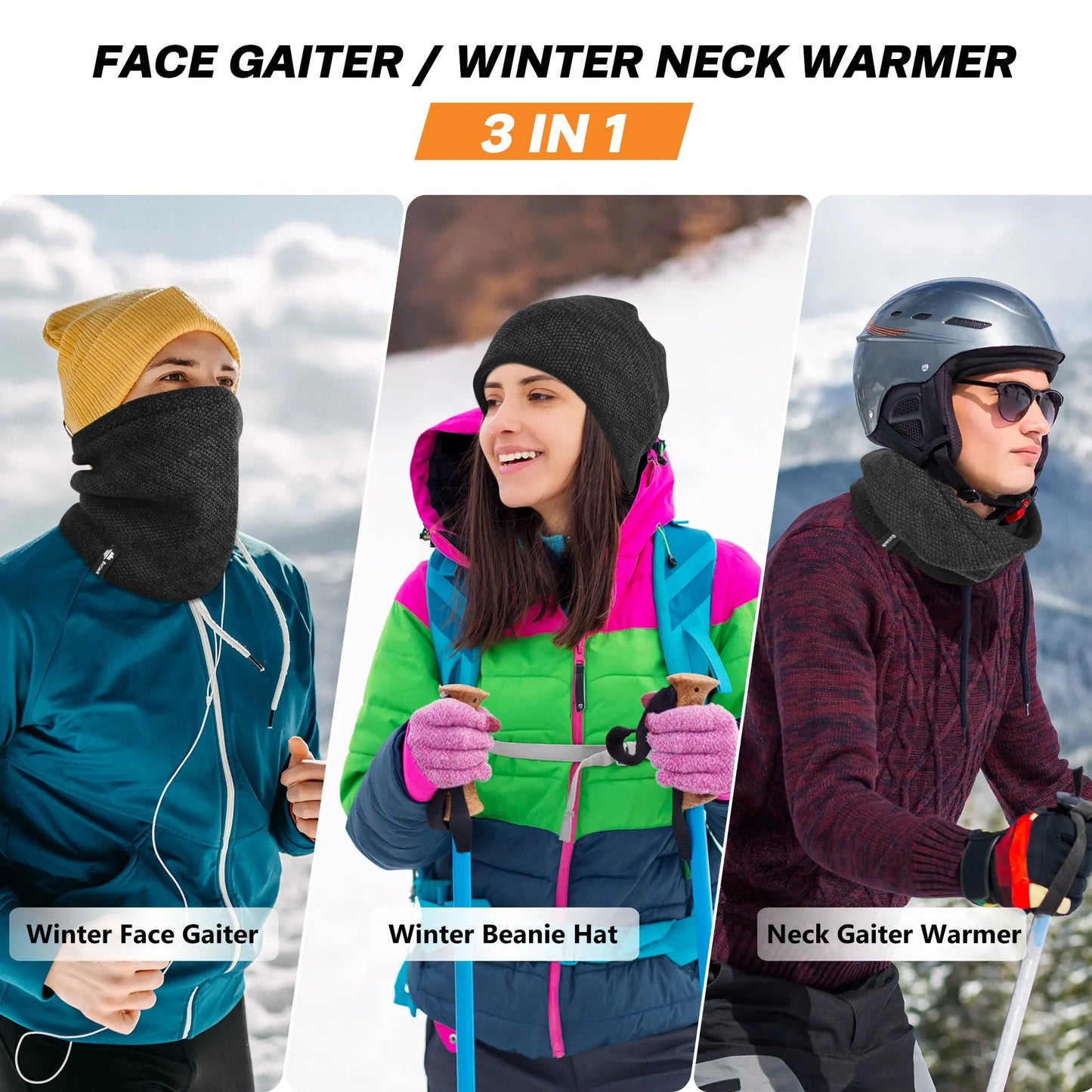Botack Neck Warmer Gaiter Fleece Knitted Double Layer Winter Neck Scarf 3 in 1 Beanie Hat Mens Women for Skiing Botack