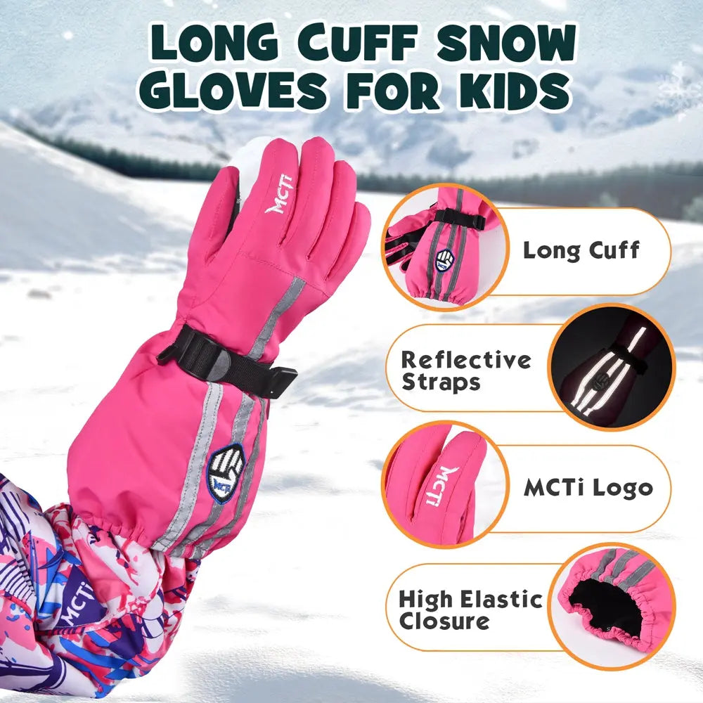 MCTi Kids Gloves Waterproof Winter Warm Snow Ski Gloves Long Cuff Fleece Lined with Reflective Strap MCTi