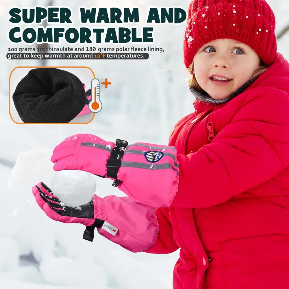 MCTi Kids Gloves Waterproof Winter Warm Snow Ski Gloves Long Cuff Fleece Lined with Reflective Strap MCTi