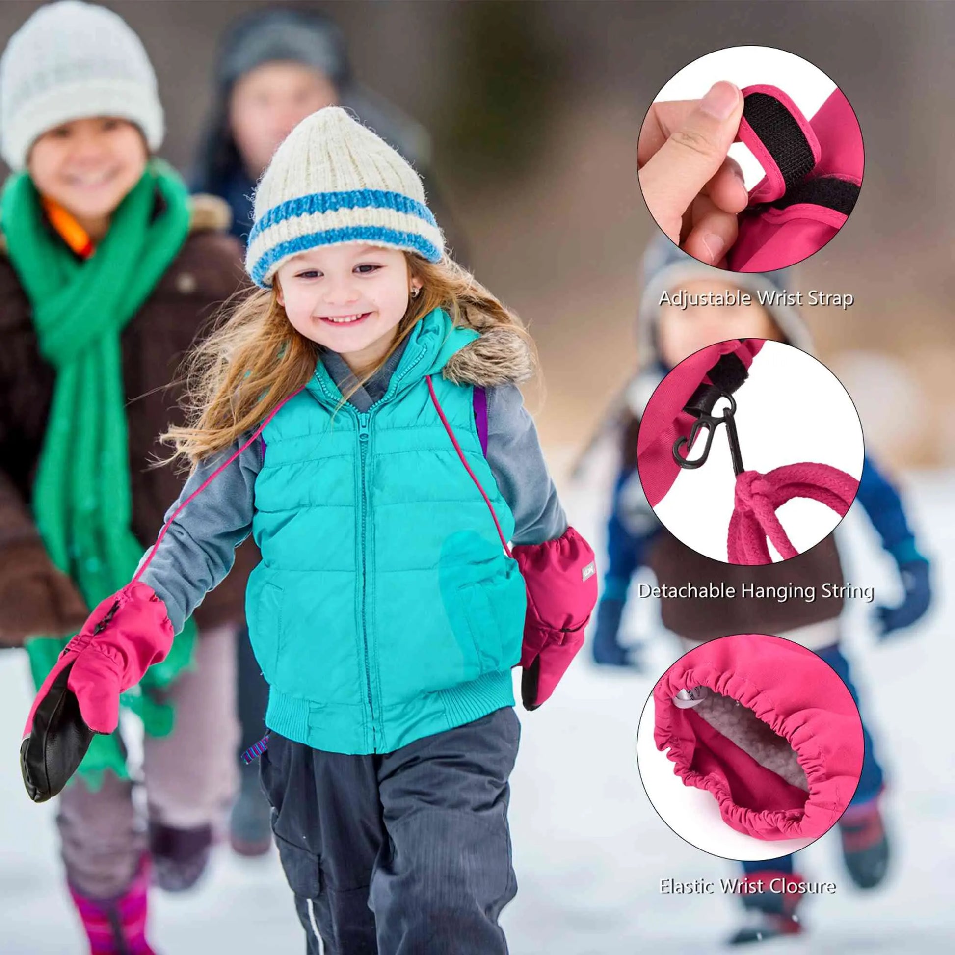 MCTi Kids Ski Mittens Waterproof Winter Ski Warm Sherpa Lined Long Cuff with String MCTi
