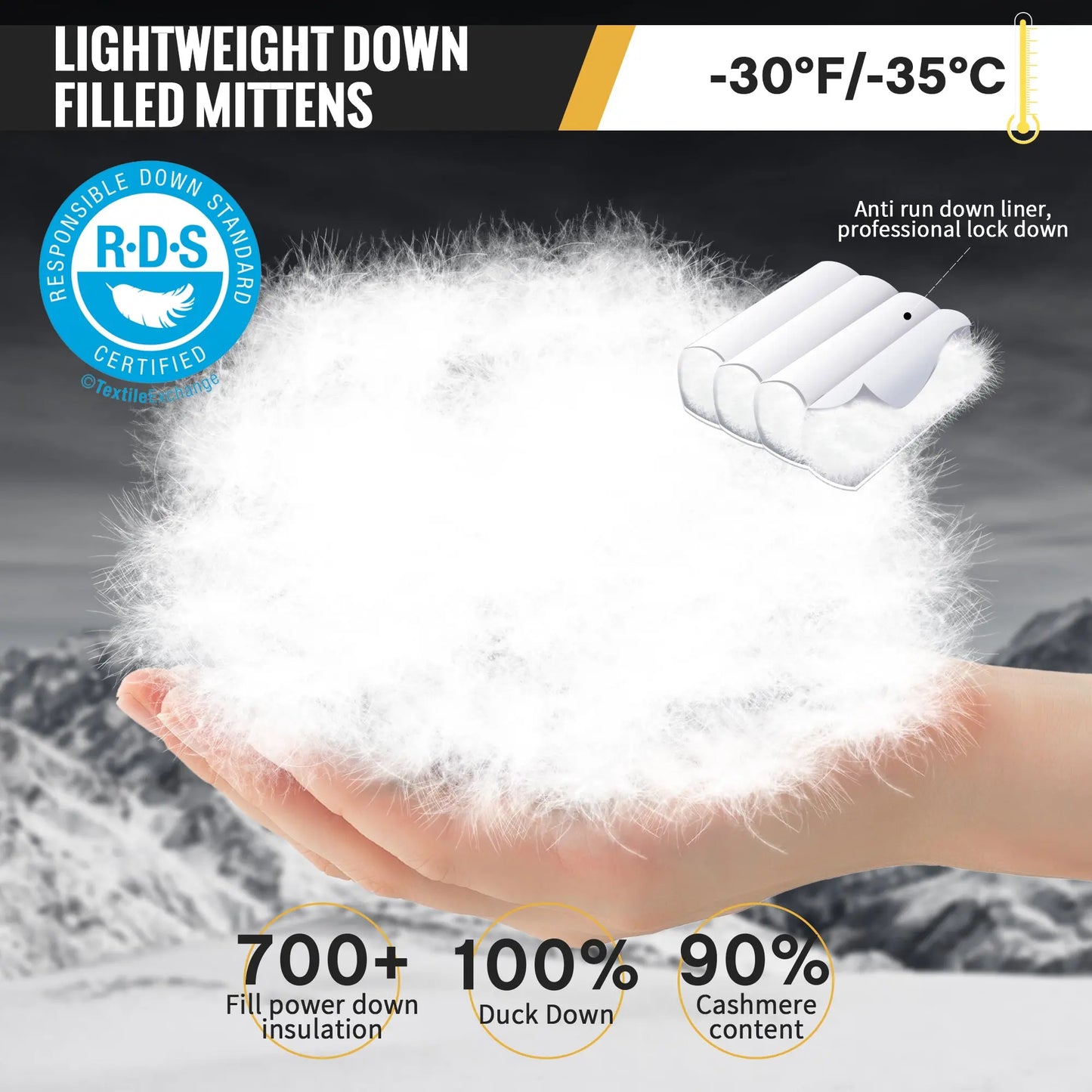 MCTi Ski Mittens Down Mittens Winter Cold Weather Waterproof Touch Screen Mitt for Men MCTi
