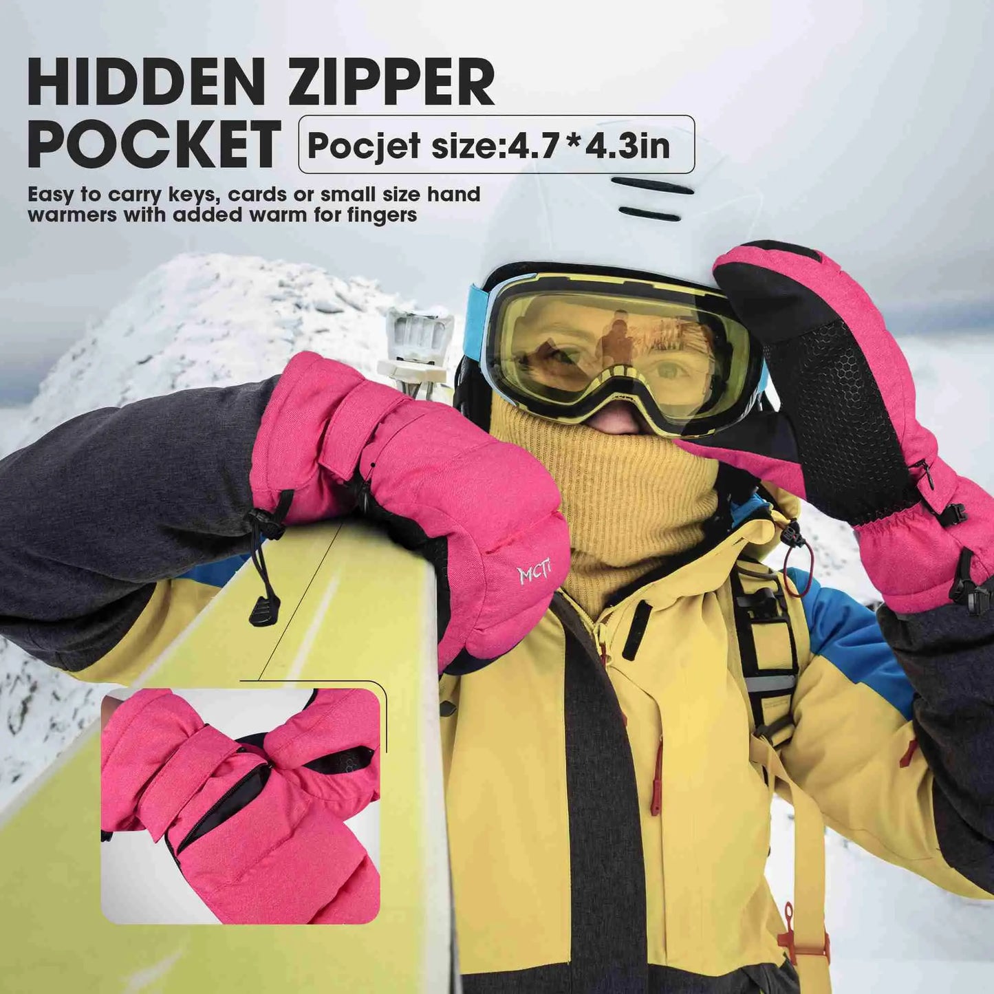 MCTi Ski Mittens Women's Snow Mitten Touch Screen Waterproof Insulated Quilted Mitts with Hidden Zipper MCTi