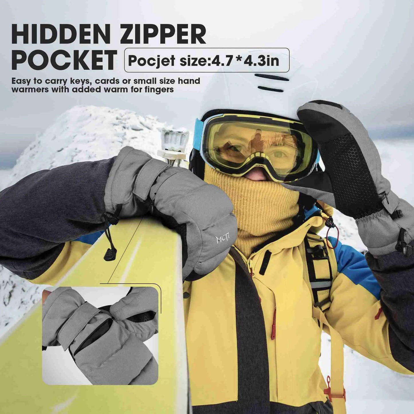MCTi Ski Mittens Women's Snow Mitten Touch Screen Waterproof Insulated Quilted Mitts with Hidden Zipper MCTi