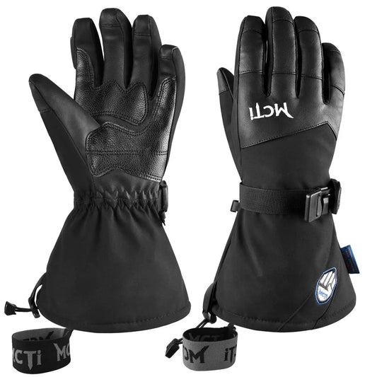 MCTi Waterproof Ski Snowboard Gloves Touchscreen PU Leather Winter Gloves with Wrist Leashes MCTi